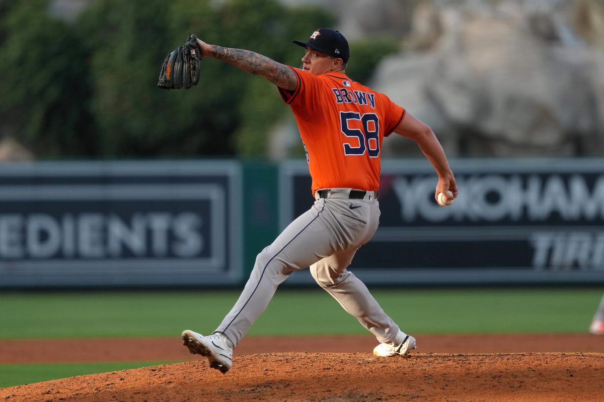 Jun 20, 2025; Anaheim, California, USA; Houston Astros starting pitcher Hunter Brown (58) throws in the second inning against the Los Angeles Angels at Angel Stadium. Mandatory Credit: Kirby Lee-Imagn Images