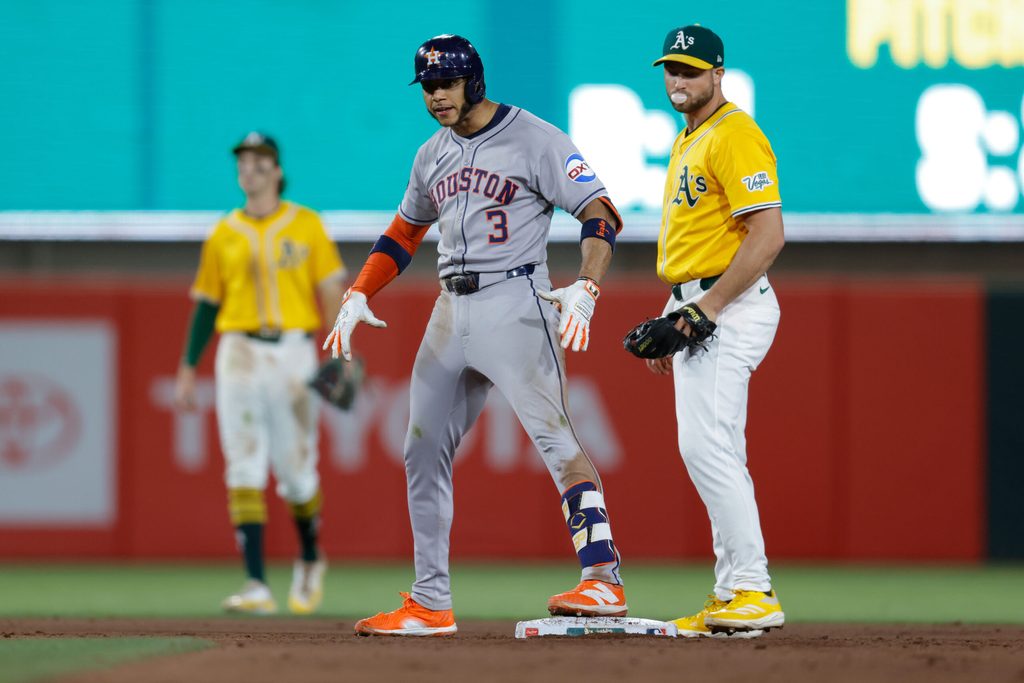 Jun 19, 2025; West Sacramento, California, USA; Houston Astros shortstop Jeremy Peña (3) celebrates after a double during the game against the Athletics at Sutter Health Park. Mandatory Credit: Sergio Estrada-Imagn Images