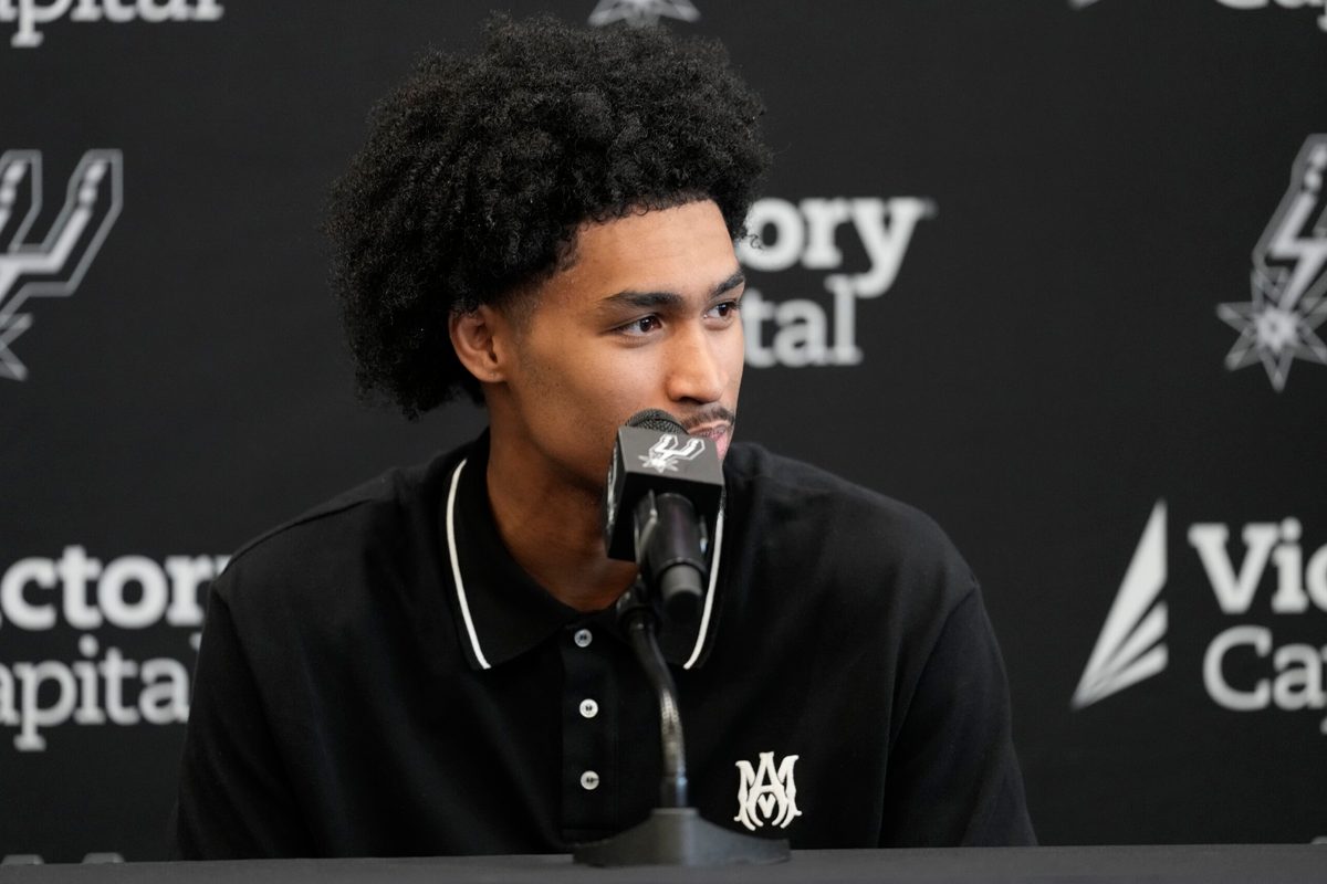 Jun 28, 2025; San Antonio, TX, USA; San Antonio Spurs first round draft pick Dylan Harper answers questions during press conference at Victory Capital Performance Center. Mandatory Credit: Scott Wachter-Imagn Images