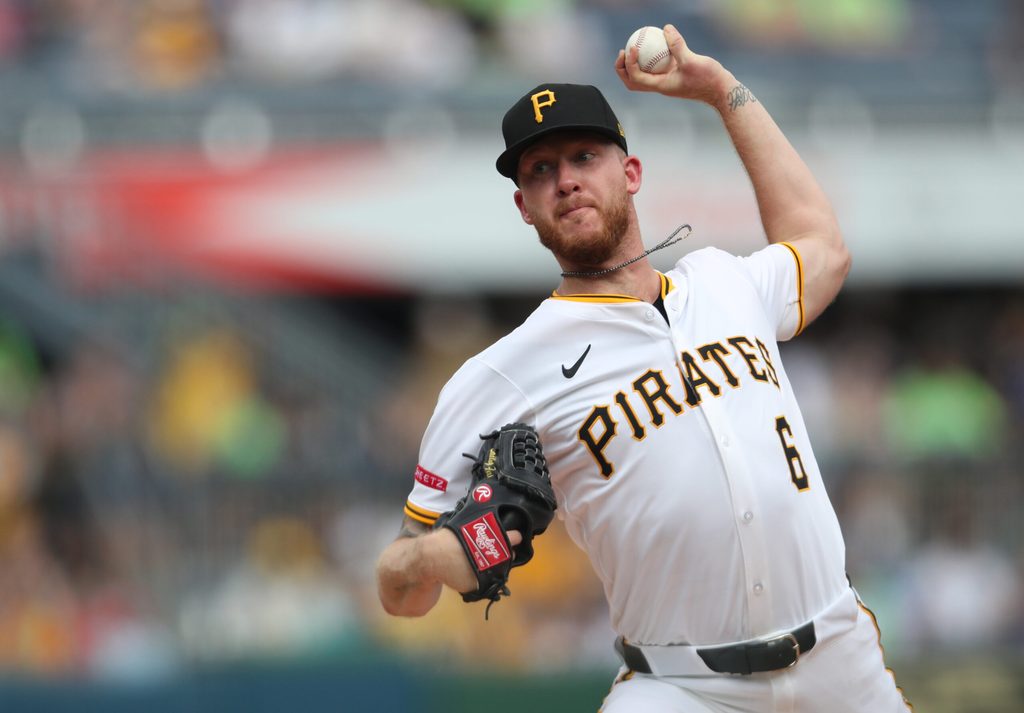 Jun 28, 2025; Pittsburgh, Pennsylvania, USA; Pittsburgh Pirates starting pitcher Bailey Falter (6) delivers a pitch against the New York Mets during the first inning at PNC Park. Mandatory Credit: Charles LeClaire-Imagn Images