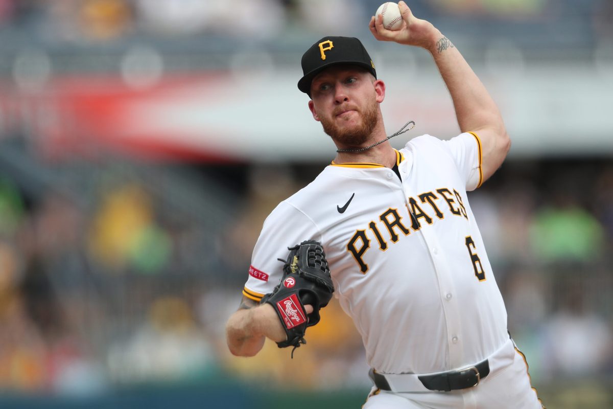 Jun 28, 2025; Pittsburgh, Pennsylvania, USA; Pittsburgh Pirates starting pitcher Bailey Falter (6) delivers a pitch against the New York Mets during the first inning at PNC Park. Mandatory Credit: Charles LeClaire-Imagn Images