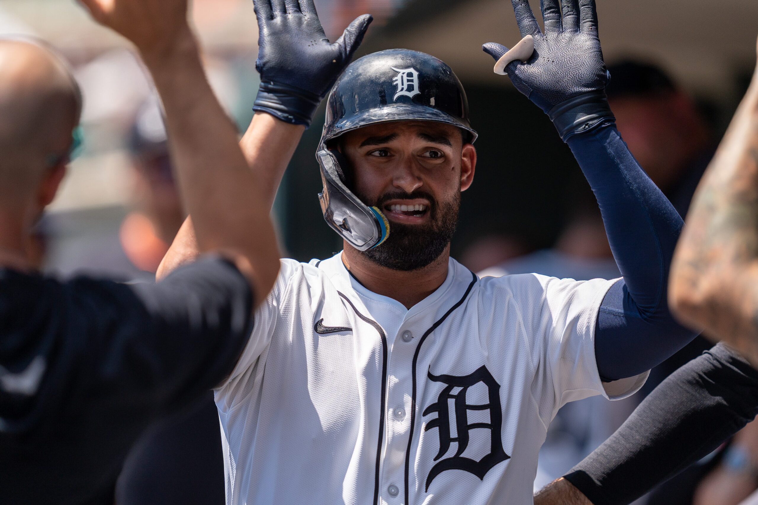 Detroit Tigers Riley Greene celebrates with his teammates in the dugout after hitting a home run against the Twins at Comerica Park in Detroit on Saturday, June 28, 2025.