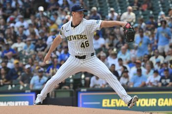 Jun 28, 2025; Milwaukee, Wisconsin, USA; Milwaukee Brewers starting pitcher Quinn Priester (46) throws a pitch in the first inning against the Colorado Rockies at American Family Field. Mandatory Credit: Benny Sieu-Imagn Images