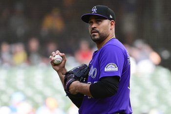 Jun 28, 2025; Milwaukee, Wisconsin, USA; Colorado Rockies starting pitcher Antonio Senzatela (49) looks on before a pitching change in the fifth inning against the Milwaukee Brewers at American Family Field. Mandatory Credit: Benny Sieu-Imagn Images