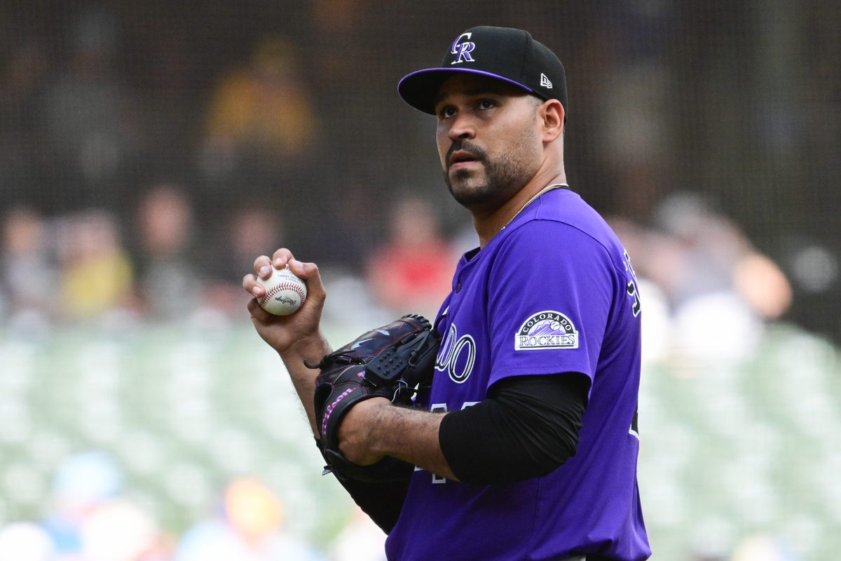 Jun 28, 2025; Milwaukee, Wisconsin, USA; Colorado Rockies starting pitcher Antonio Senzatela (49) looks on before a pitching change in the fifth inning against the Milwaukee Brewers at American Family Field. Mandatory Credit: Benny Sieu-Imagn Images