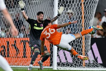 Jun 28, 2025; Houston, Texas, USA; Houston Dynamo defender Felipe Andrade (36) takes a shot on goal during the second half against the St. Louis City at Shell Energy Stadium. Mandatory Credit: Maria Lysaker-Imagn Images