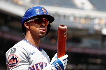 Jun 29, 2025; Pittsburgh, Pennsylvania, USA;  New York Mets shortstop Francisco Lindor (12) in the on-deck circle against the Pittsburgh Pirates during the fifth inning at PNC Park. Mandatory Credit: Charles LeClaire-Imagn Images