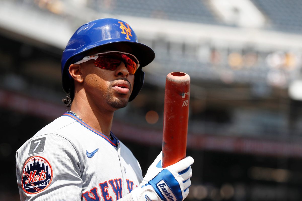 Jun 29, 2025; Pittsburgh, Pennsylvania, USA; New York Mets shortstop Francisco Lindor (12) in the on-deck circle against the Pittsburgh Pirates during the fifth inning at PNC Park. Mandatory Credit: Charles LeClaire-Imagn Images
