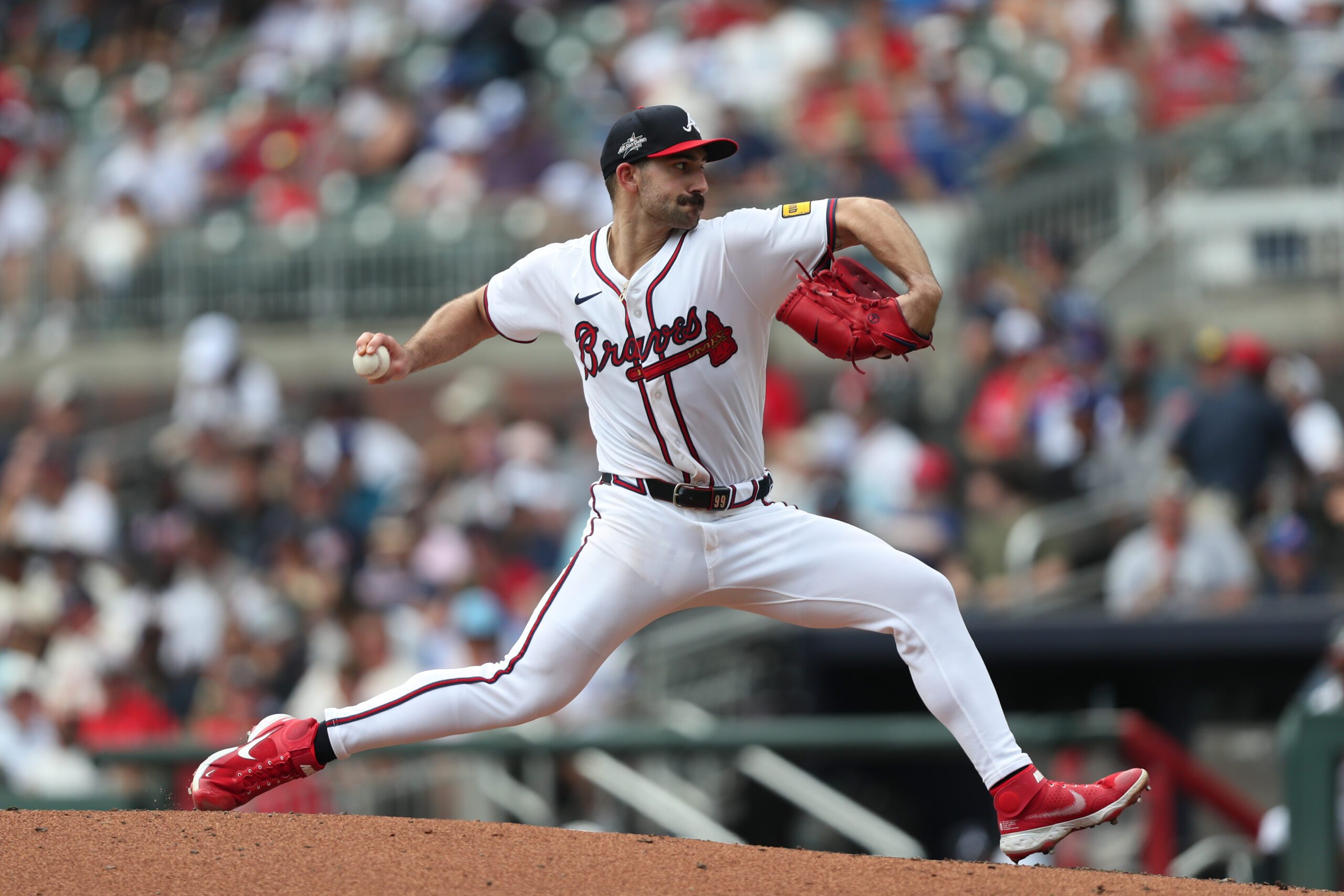 Jun 29, 2025; Cumberland, Georgia, Atlanta Braves starting pitcher Spencer Strider (99) pitches during a game against the Philadelphia Phillies during the third inning at Truist Park. Mandatory Credit: Mady Mertens-Imagn Images