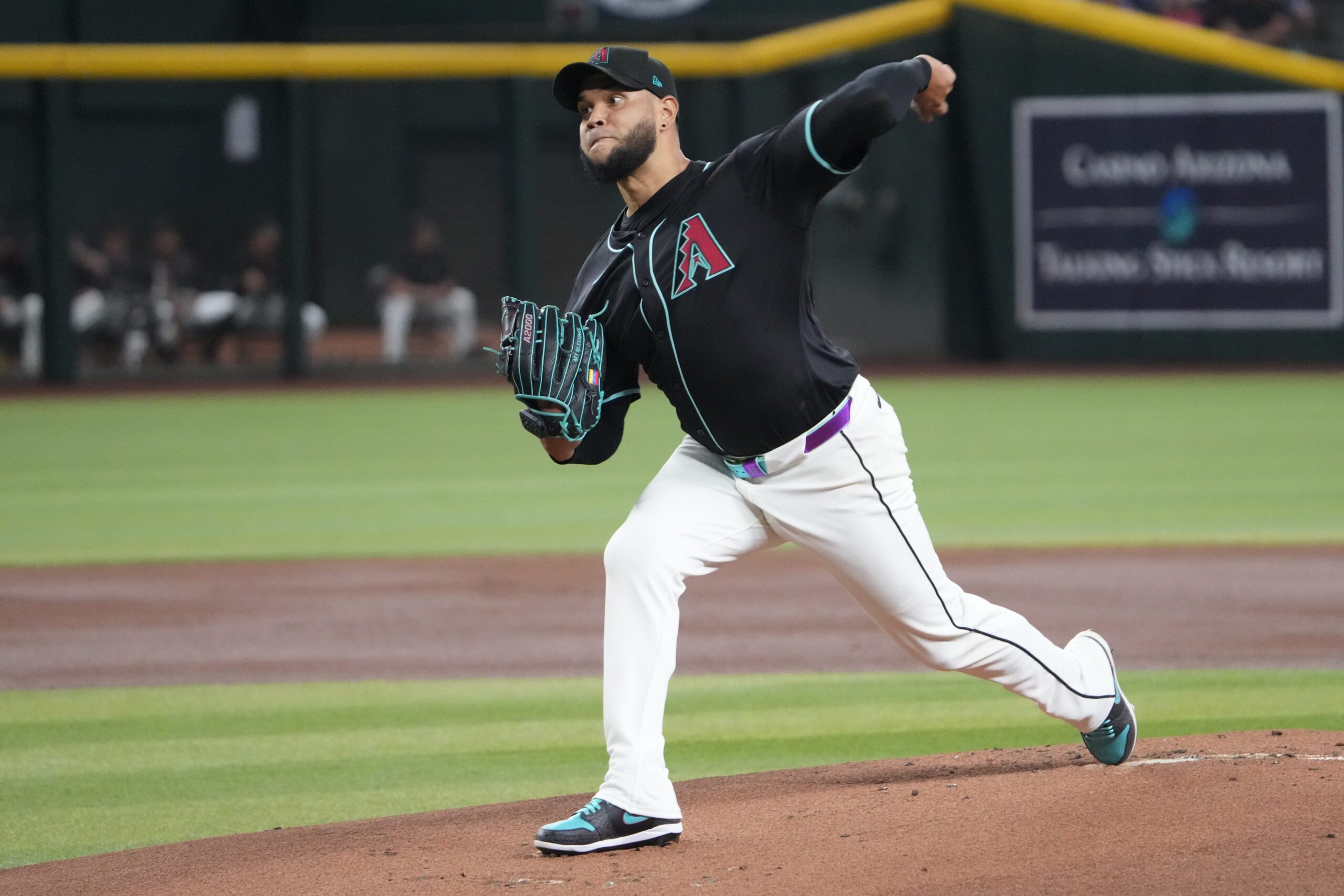 Jun 29, 2025; Phoenix, Arizona, USA; Arizona Diamondbacks pitcher Eduardo Rodriguez (57) pitches against the Miami Marlins during the first inning at Chase Field. Mandatory Credit: Joe Camporeale-Imagn Images