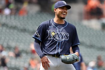 Jun 29, 2025; Baltimore, Maryland, USA; Tampa Bay Rays pitcher Taj Bradley (45) laughs during the fifth inning against the Baltimore Orioles at Oriole Park at Camden Yards. Mandatory Credit: Daniel Kucin Jr.-Imagn Images