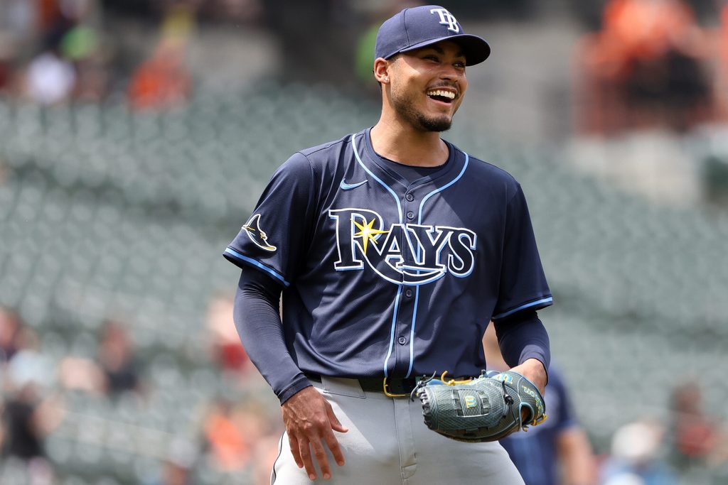 Jun 29, 2025; Baltimore, Maryland, USA; Tampa Bay Rays pitcher Taj Bradley (45) laughs during the fifth inning against the Baltimore Orioles at Oriole Park at Camden Yards. Mandatory Credit: Daniel Kucin Jr.-Imagn Images