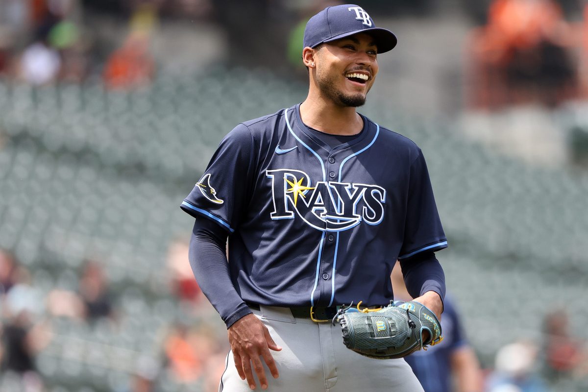 Jun 29, 2025; Baltimore, Maryland, USA; Tampa Bay Rays pitcher Taj Bradley (45) laughs during the fifth inning against the Baltimore Orioles at Oriole Park at Camden Yards. Mandatory Credit: Daniel Kucin Jr.-Imagn Images