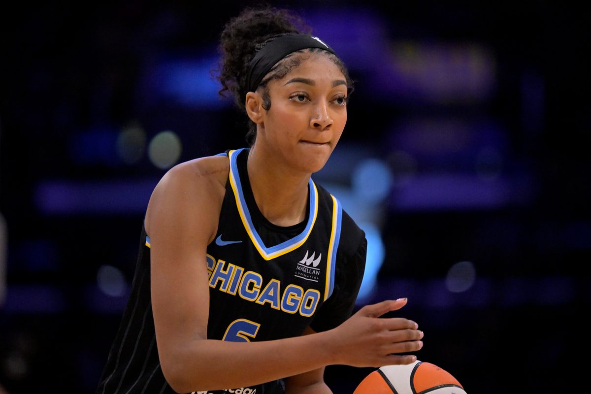 Jun 29, 2025; Los Angeles, California, USA; Chicago Sky forward Angel Reese (5) handles the ball in the second half against the Los Angeles Sparks at Crypto.com Arena. Mandatory Credit: Jayne Kamin-Oncea-Imagn Images