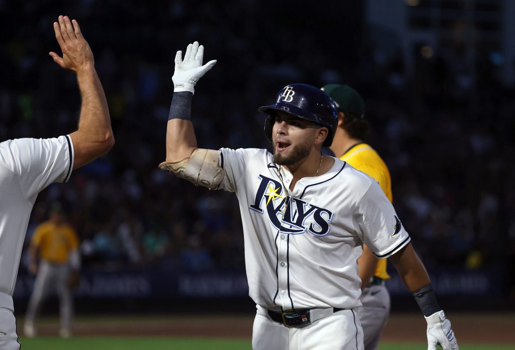 Jun 30, 2025; Tampa, Florida, USA; Tampa Bay Rays first base Jonathan Aranda (62) celebrates after he hit an RBI single against the Athletics during the fourth inning at George M. Steinbrenner Field. Mandatory Credit: Kim Klement Neitzel-Imagn Images
