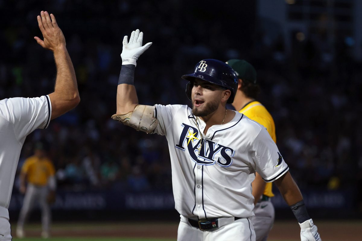 Jun 30, 2025; Tampa, Florida, USA; Tampa Bay Rays first base Jonathan Aranda (62) celebrates after he hit an RBI single against the Athletics during the fourth inning at George M. Steinbrenner Field. Mandatory Credit: Kim Klement Neitzel-Imagn Images