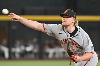 Jun 30, 2025; Phoenix, Arizona, USA;  San Francisco Giants pitcher Logan Webb (62) throws in the first inning against the Arizona Diamondbacks at Chase Field. Mandatory Credit: Matt Kartozian-Imagn Images