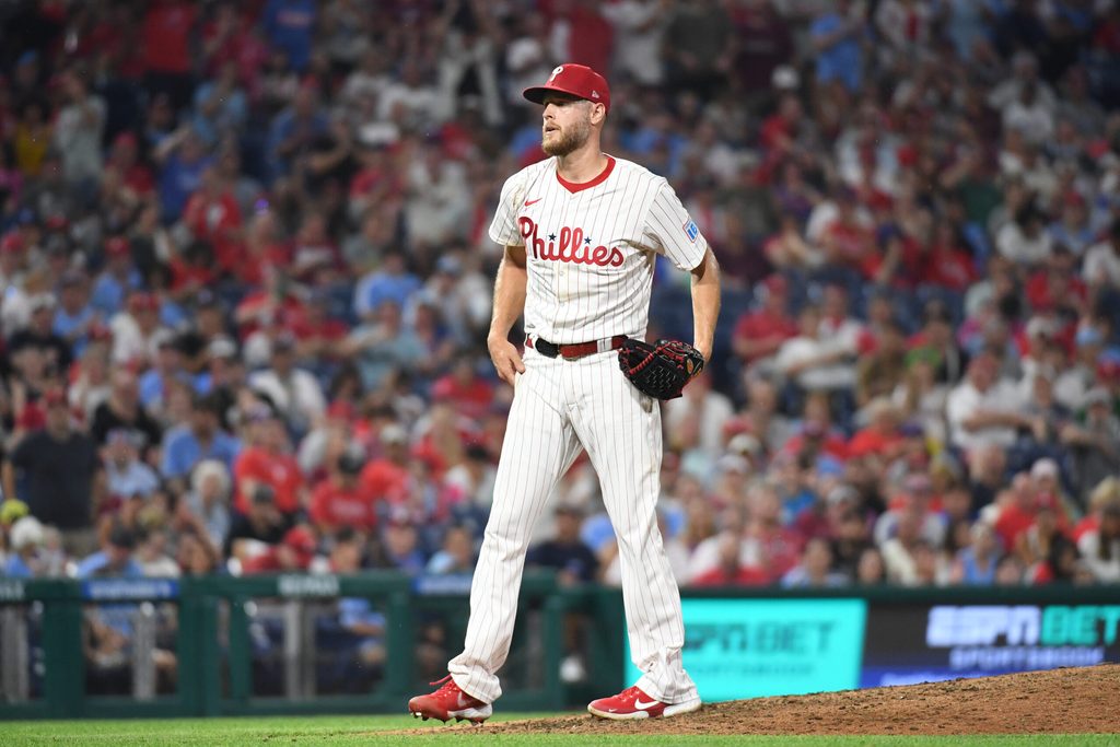 Jun 30, 2025; Philadelphia, Pennsylvania, USA; Philadelphia Phillies pitcher Zack Wheeler (45) follows through on a pitch during the eighth inning against the San Diego Padres at Citizens Bank Park. Mandatory Credit: Eric Hartline-Imagn Images
