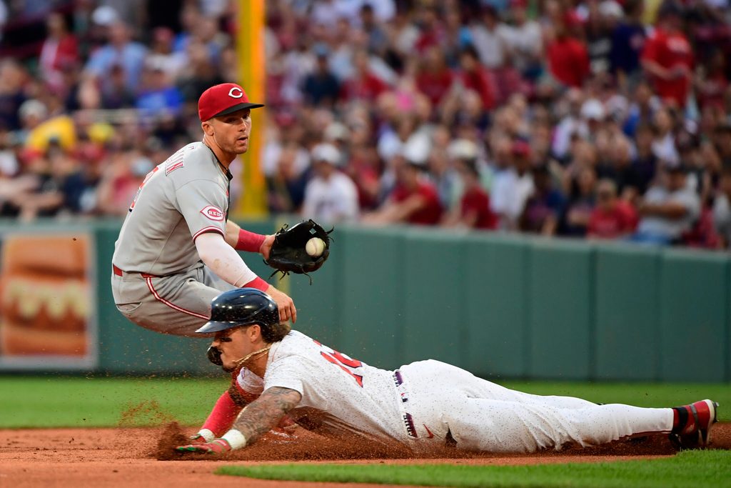 Jul 1, 2025; Boston, Massachusetts, USA; Boston Red Sox left fielder Jarren Duran (16) slides past Cincinnati Reds second baseman Matt McLain (9) for a double during the first inning at Fenway Park. Mandatory Credit: Bob DeChiara-Imagn Images