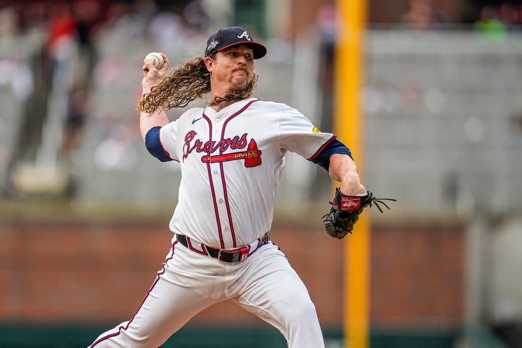 Jul 1, 2025; Cumberland, Georgia, USA; Atlanta Braves starting pitcher Grant Holmes (66) pitches against the Los Angeles Angels during the first inning at Truist Park. Mandatory Credit: Dale Zanine-Imagn Images