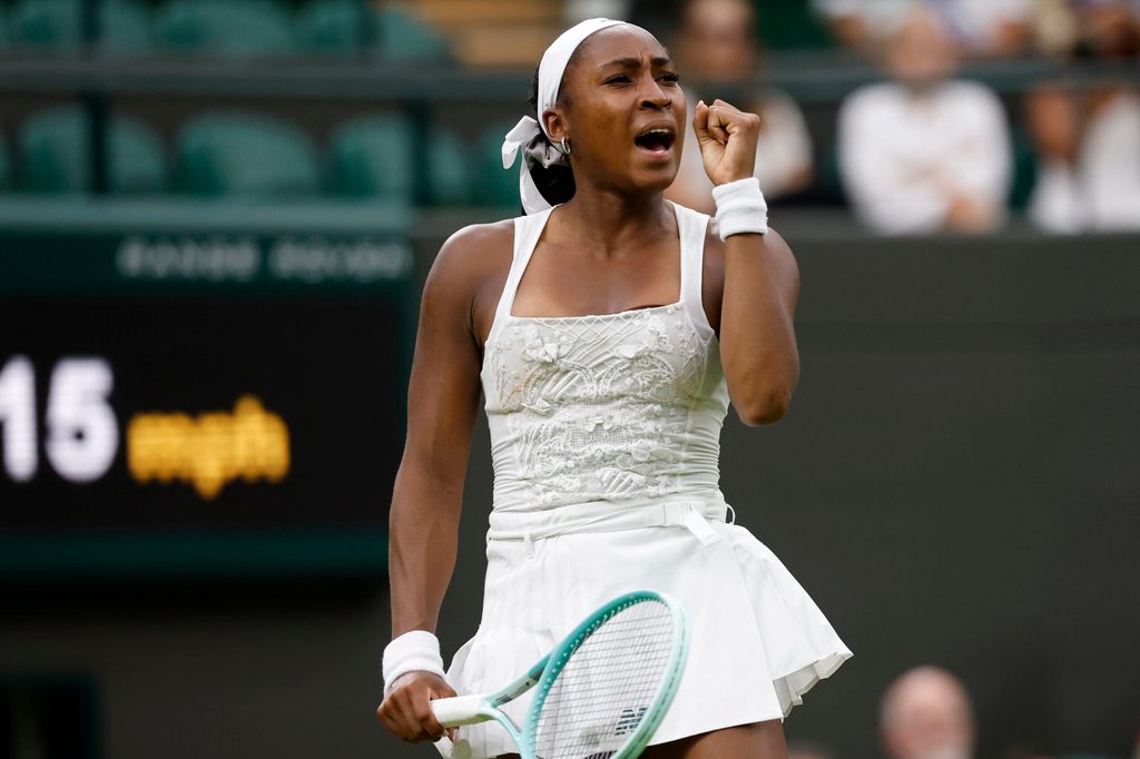 Jul 1, 2025; Wimbledon United Kingdom; Coco Gauff (USA)  reacts after winning a point against Dayana Yastremska (UKR)(not pictured) on day 2 of The Championships, Wimbledon 2025 at All England Lawn Tennis and Croquet Club. Mandatory Credit: Geoff Burke-Imagn Images