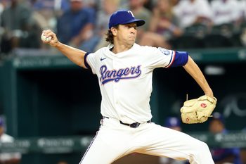 Jul 1, 2025; Arlington, Texas, USA;  Texas Rangers starting pitcher Jacob deGrom (48) throws during the first inning against the Baltimore Orioles at Globe Life Field. Mandatory Credit: Kevin Jairaj-Imagn Images