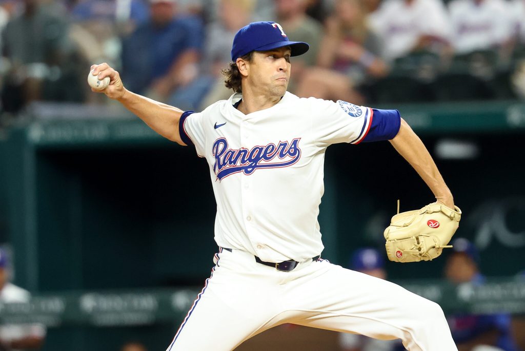 Jul 1, 2025; Arlington, Texas, USA; Texas Rangers starting pitcher Jacob deGrom (48) throws during the first inning against the Baltimore Orioles at Globe Life Field. Mandatory Credit: Kevin Jairaj-Imagn Images