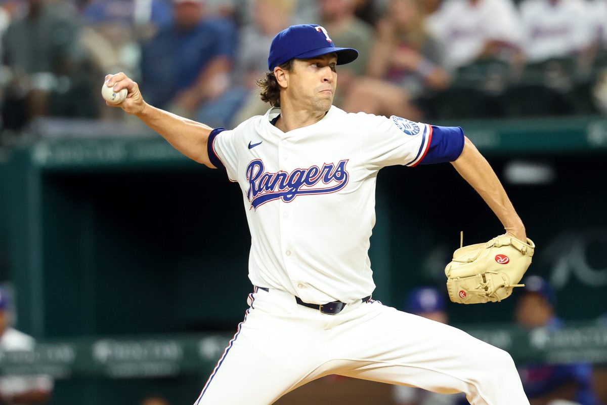 Jul 1, 2025; Arlington, Texas, USA; Texas Rangers starting pitcher Jacob deGrom (48) throws during the first inning against the Baltimore Orioles at Globe Life Field. Mandatory Credit: Kevin Jairaj-Imagn Images