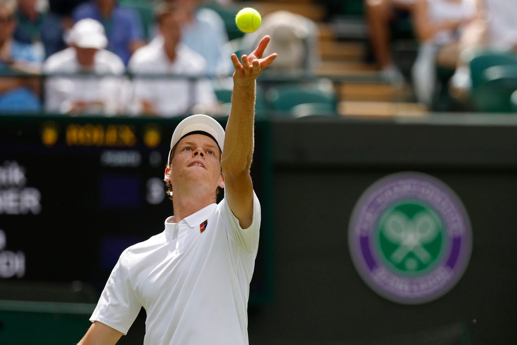 Jul 1, 2025; Wimbledon United Kingdom; Jannik Sinner (ITA) serves against Luca Nardi (ITA)(not pictured) on day 2 of The Championships, Wimbledon 2025 at All England Lawn Tennis and Croquet Club. Mandatory Credit: Geoff Burke-Imagn Images