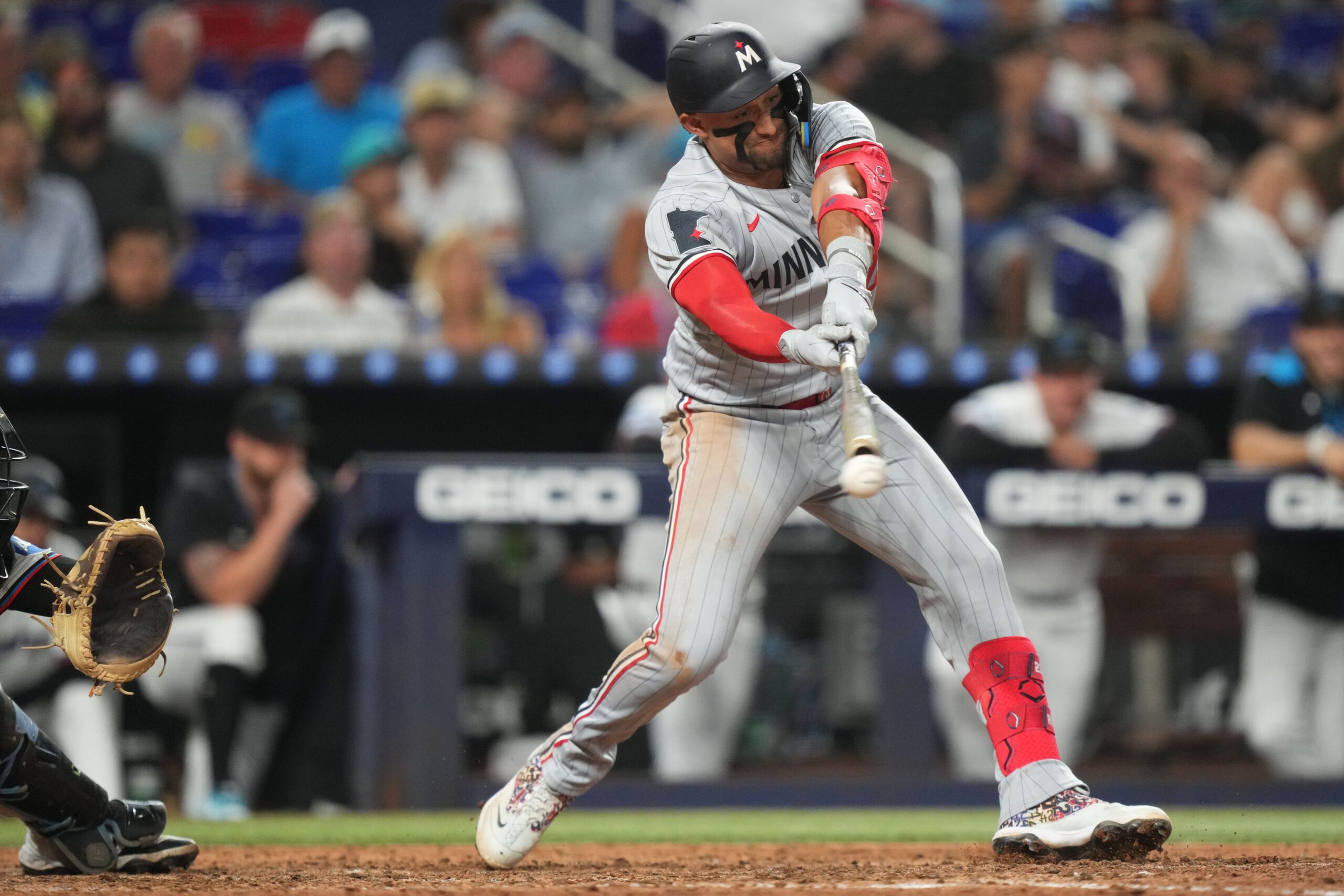 Jul 1, 2025; Miami, Florida, USA; Minnesota Twins third baseman Royce Lewis (23) strikes out in the eighth inning against the Miami Marlins at loanDepot Park. Mandatory Credit: Jim Rassol-Imagn Images