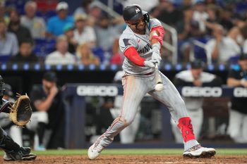 Jul 1, 2025; Miami, Florida, USA;  Minnesota Twins third baseman Royce Lewis (23) strikes out in the eighth inning against the Miami Marlins at loanDepot Park. Mandatory Credit: Jim Rassol-Imagn Images