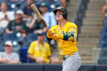 Jul 2, 2025; Tampa, Florida, USA; Athletics right fielder Brent Rooker (25) hits a home run against the Tampa Bay Rays in the first inning at George M. Steinbrenner Field. Mandatory Credit: Nathan Ray Seebeck-Imagn Images