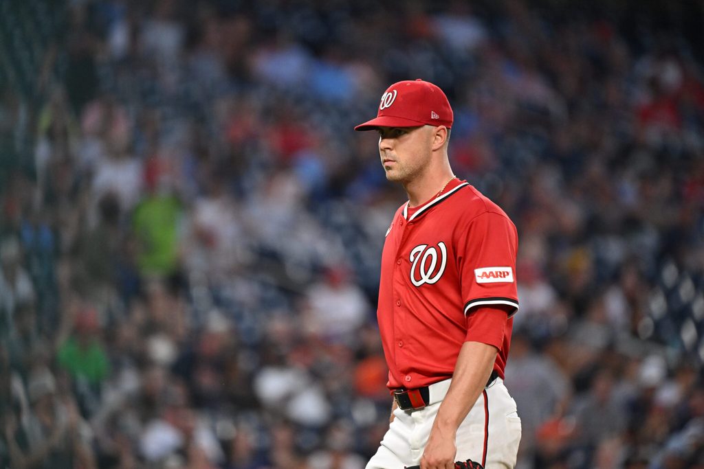 Jul 2, 2025; Washington, District of Columbia, USA; Washington Nationals starting pitcher MacKenzie Gore (1) walks to the dugout after being relived against the Detroit Tigers during the sixth inning at Nationals Park. Mandatory Credit: Rafael Suanes-Imagn Images