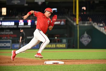 Jul 2, 2025; Washington, District of Columbia, USA; Washington Nationals right fielder Alex Call (17) sprints around third base against the Detroit Tigers during the eighth inning at Nationals Park. Mandatory Credit: Rafael Suanes-Imagn Images