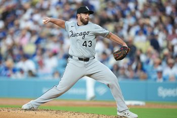 Jul 3, 2025; Los Angeles, California, USA; Chicago White Sox starting pitcher Aaron Civale (43) throws a pitch during the second inning against the Los Angeles Dodgers at Dodger Stadium. Mandatory Credit: Kirby Lee-Imagn Images