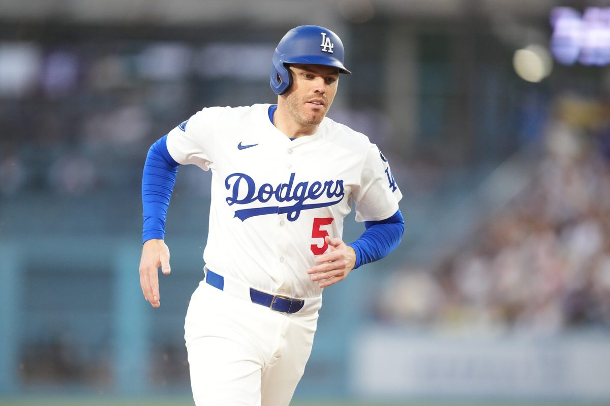 Jul 3, 2025; Los Angeles, California, USA; Los Angeles Dodgers first baseman Freddie Freeman (5) rounds the bases after Los Angeles Dodgers left fielder Michael Conforto (23) hits a two run home run during the third inning against the Chicago White Sox at Dodger Stadium. Mandatory Credit: Kirby Lee-Imagn Images