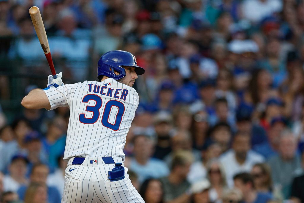 Jul 3, 2025; Chicago, Illinois, USA; Chicago Cubs right fielder Kyle Tucker (30) bats against the Cleveland Guardians during the third inning at Wrigley Field. Mandatory Credit: Kamil Krzaczynski-Imagn Images