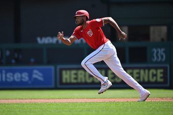Jul 4, 2025; Washington, District of Columbia, USA; Washington Nationals left fielder James Wood (29) sprints towards second base against the Boston Red Sox during the first inning at Nationals Park. Mandatory Credit: Rafael Suanes-Imagn Images