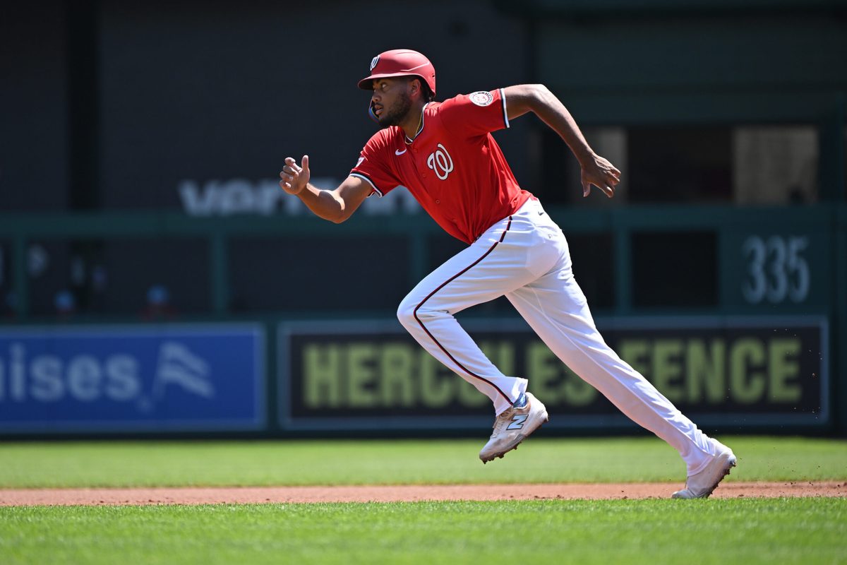 Jul 4, 2025; Washington, District of Columbia, USA; Washington Nationals left fielder James Wood (29) sprints towards second base against the Boston Red Sox during the first inning at Nationals Park. Mandatory Credit: Rafael Suanes-Imagn Images