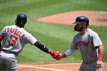 Jul 4, 2025; Washington, District of Columbia, USA; Boston Red Sox right fielder Wilyer Abreu (52) celebrates with center fielder Ceddanne Rafaela (3) after scoring a run against the Washington Nationals during the fifth inning at Nationals Park. Mandatory Credit: Rafael Suanes-Imagn Images