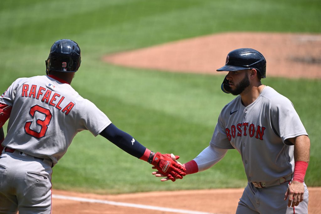 Jul 4, 2025; Washington, District of Columbia, USA; Boston Red Sox right fielder Wilyer Abreu (52) celebrates with center fielder Ceddanne Rafaela (3) after scoring a run against the Washington Nationals during the fifth inning at Nationals Park. Mandatory Credit: Rafael Suanes-Imagn Images