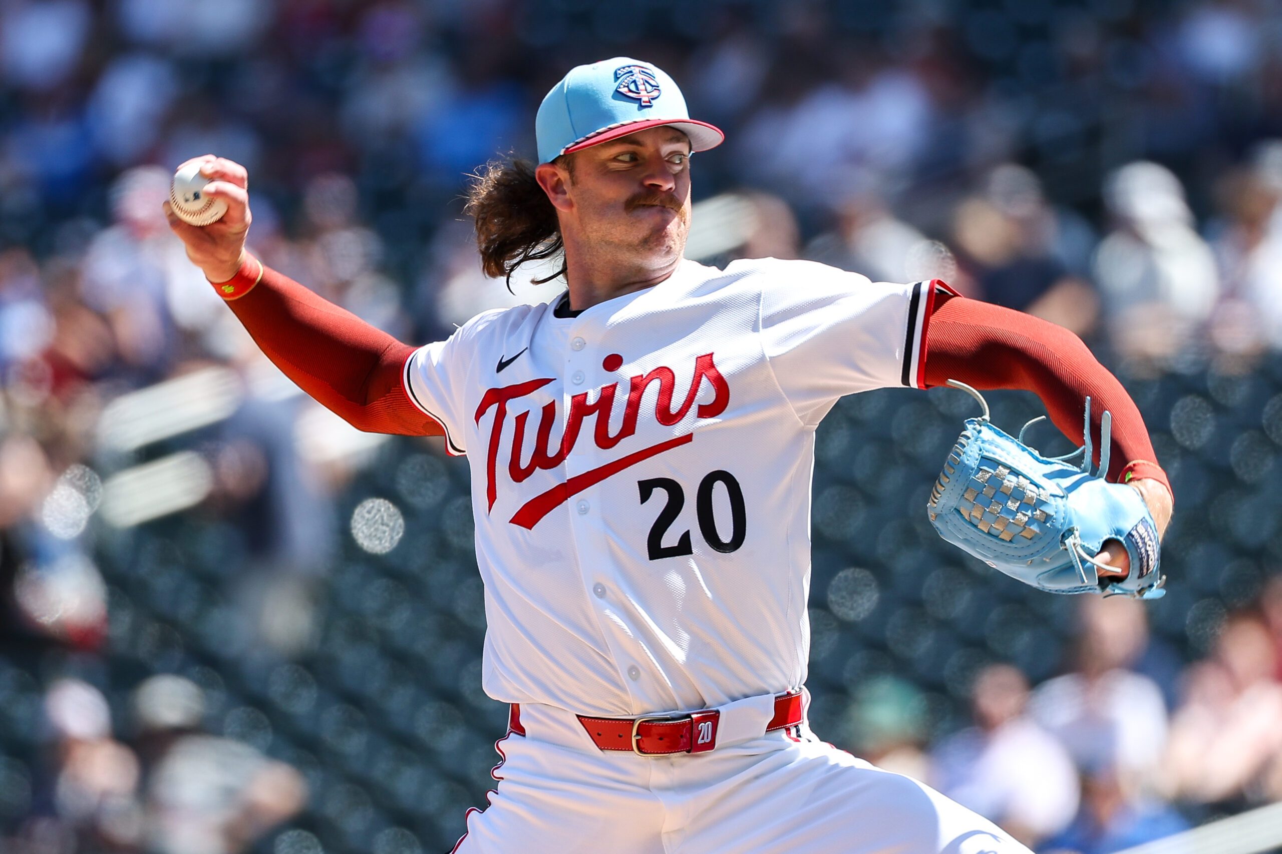 Jul 4, 2025; Minneapolis, Minnesota, USA; Minnesota Twins starting pitcher Chris Paddack (20) delivers a pitch against the Tampa Bay Rays during the first inning at Target Field. Mandatory Credit: Matt Krohn-Imagn Images