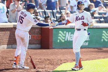 Jul 4, 2025; New York City, New York, USA;  New York Mets third baseman Brett Baty (7) is greeted by center fielder Tyrone Taylor (15) after hitting a solo home run in the sixth inning against the New York Yankees at Citi Field. Mandatory Credit: Wendell Cruz-Imagn Images