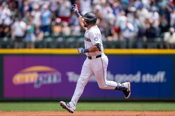 Jul 4, 2025; Seattle, Washington, USA; Seattle Mariners designated hitter Cal Raleigh (29) rounds the bases after hitting a solo home run during the first inning against the Pittsburgh Pirates at T-Mobile Park. Mandatory Credit: Stephen Brashear-Imagn Images