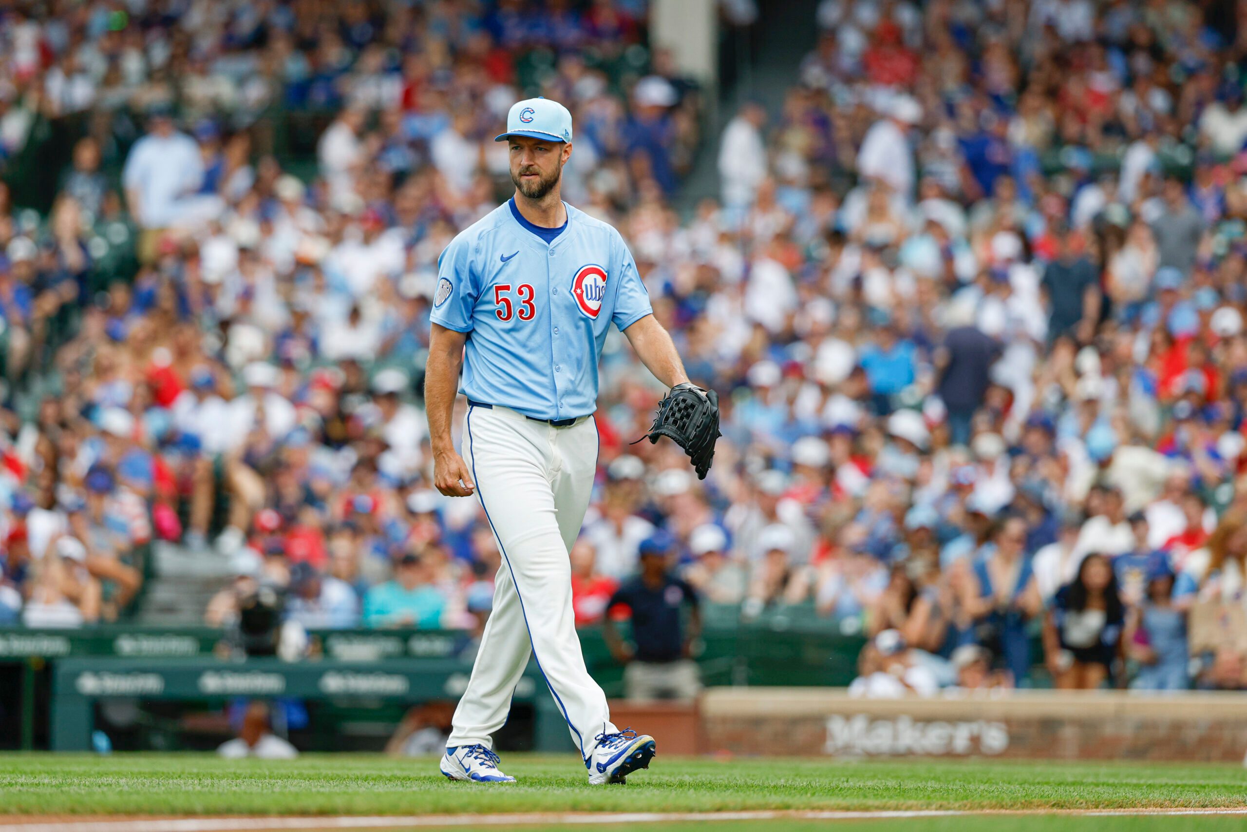 Jul 4, 2025; Chicago, Illinois, USA; Chicago Cubs starting pitcher Colin Rea (53) walks back to the dugout after pitching against the St. Louis Cardinals during the first inning at Wrigley Field. Mandatory Credit: Kamil Krzaczynski-Imagn Images