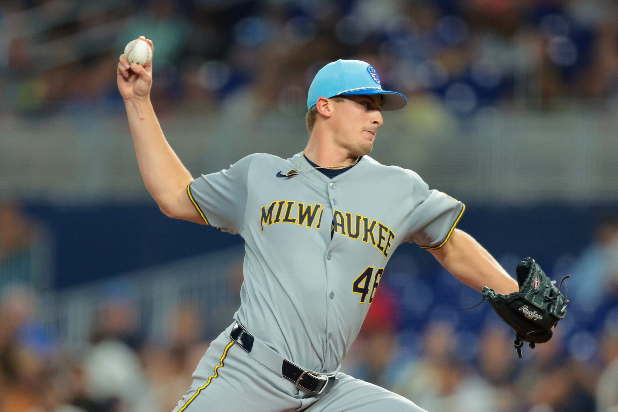 Jul 4, 2025; Miami, Florida, USA; Milwaukee Brewers starting pitcher Quinn Priester (46) delivers a pitch against the Miami Marlins during the first inning at loanDepot Park. Mandatory Credit: Sam Navarro-Imagn Images