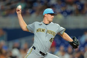 Jul 4, 2025; Miami, Florida, USA; Milwaukee Brewers starting pitcher Quinn Priester (46) delivers a pitch against the Miami Marlins during the first inning at loanDepot Park. Mandatory Credit: Sam Navarro-Imagn Images