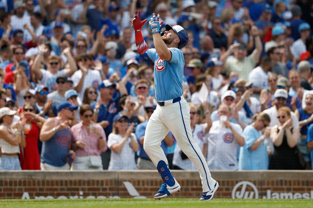 Jul 4, 2025; Chicago, Illinois, USA; Chicago Cubs first baseman Michael Busch (29) rounds the bases after hitting a solo home run against the St. Louis Cardinals during the seventh inning at Wrigley Field. Mandatory Credit: Kamil Krzaczynski-Imagn Images