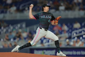 Jul 5, 2025; Miami, Florida, USA; Miami Marlins starting pitcher Cal Quantrill (47) delivers a pitch against the Milwaukee Brewers during the first inning at loanDepot Park. Mandatory Credit: Sam Navarro-Imagn Images