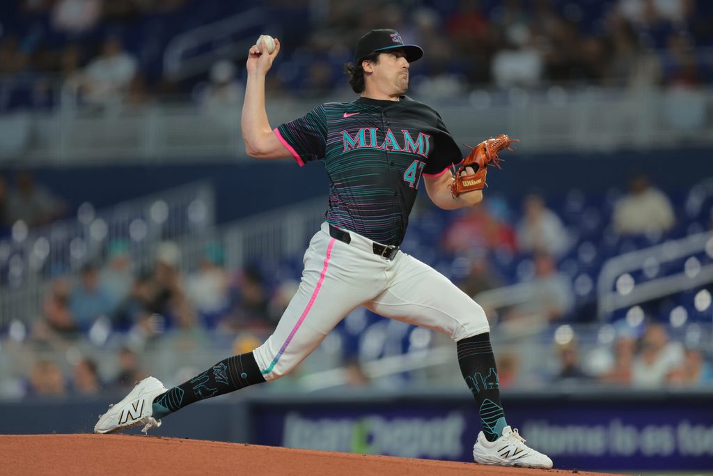 Jul 5, 2025; Miami, Florida, USA; Miami Marlins starting pitcher Cal Quantrill (47) delivers a pitch against the Milwaukee Brewers during the first inning at loanDepot Park. Mandatory Credit: Sam Navarro-Imagn Images